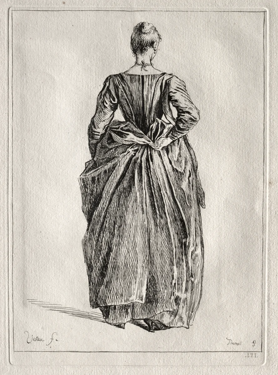 Study of a Woman from the Back by Pierre Charles Trémolière, print, 1723-1739