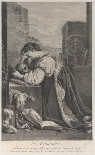 Allegory on Melancholy, with a woman kneeling towards the left holding a skull by Henri-Simon Thomassin, print, 1729-1740