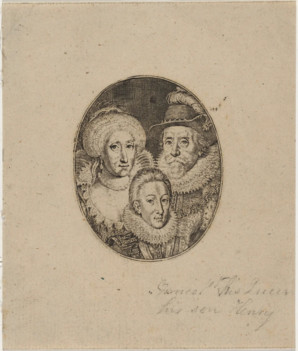 James I, Anne of Denmark, and Prince Charles by Simon van de Passe, print, 1595-1647