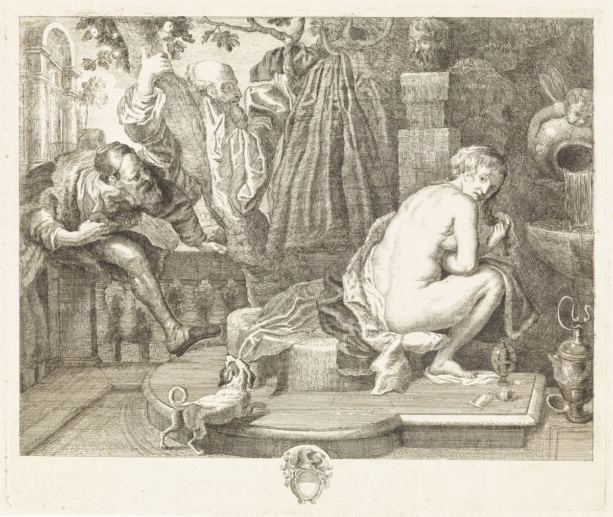 Susanna en de ouderlingen by Philippe Spruyt, print, 1747-1801