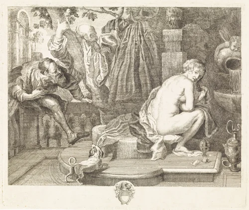 Susanna en de ouderlingen by Philippe Spruyt, print, 1747-1801