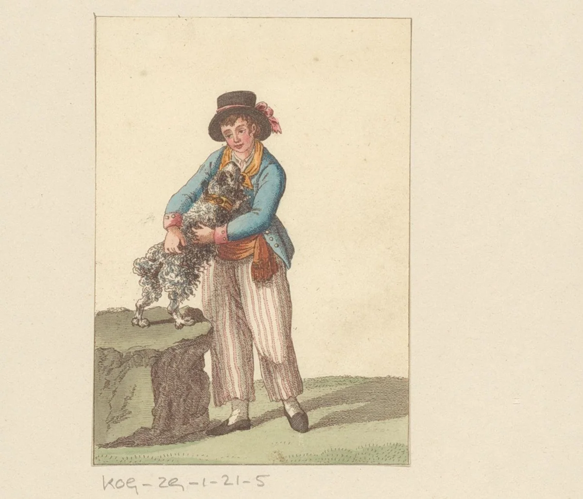 Jongen met hoge hoed speelt met een hond by anonymous, print, 1700-1799