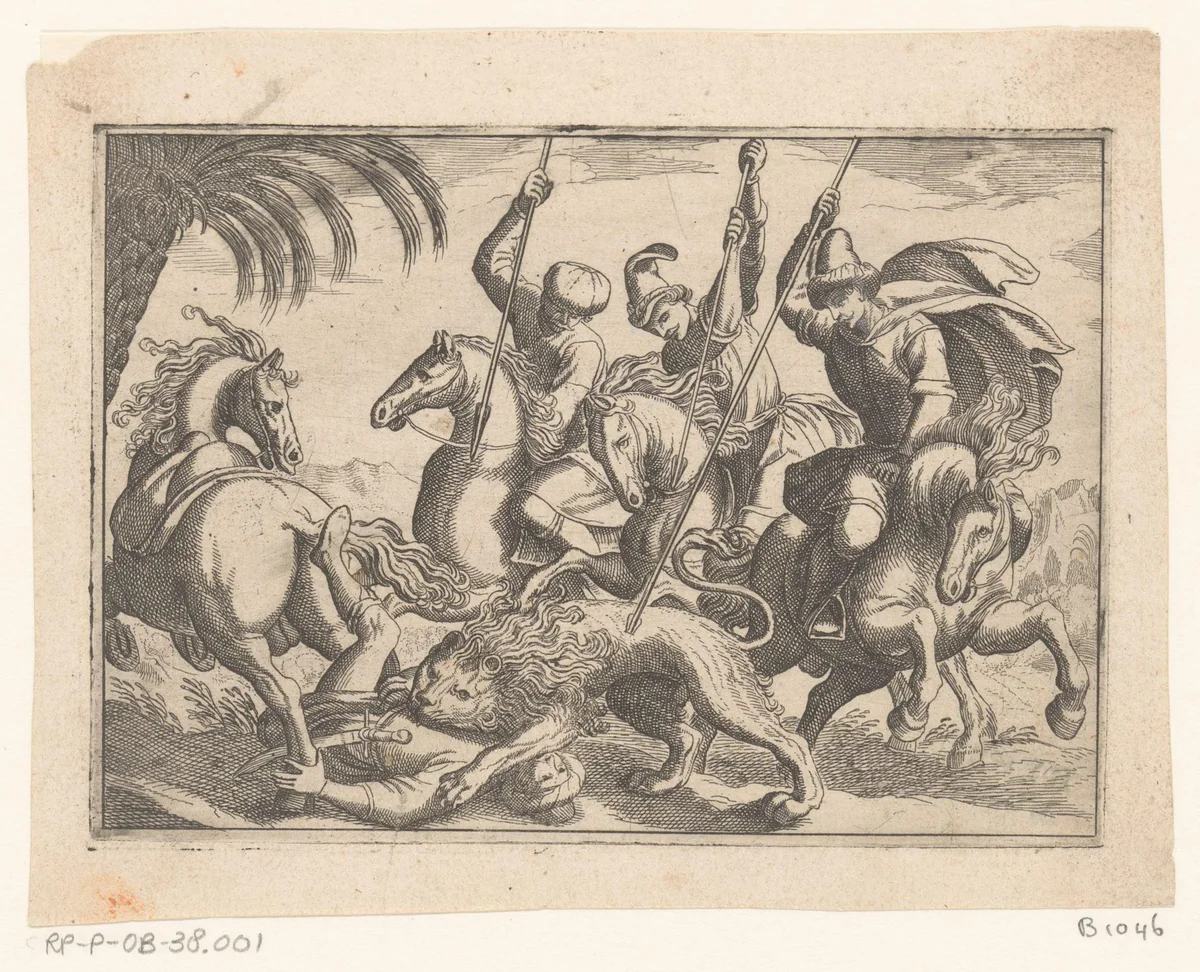 Jacht op een leeuw waarbij de leeuw een man doodt by anonymous, print, 1598