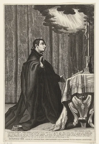 Heilige Aloysius van Gonzaga knielt voor crucifix by Unknown, print, 1590-1633
