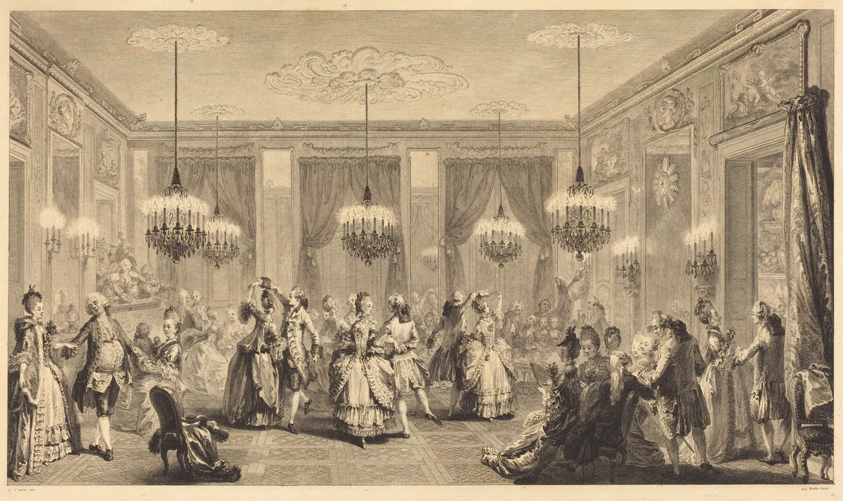 Le bal paré by Antoine-Jean Duclos; Augustin de Saint-Aubin, print, 1774