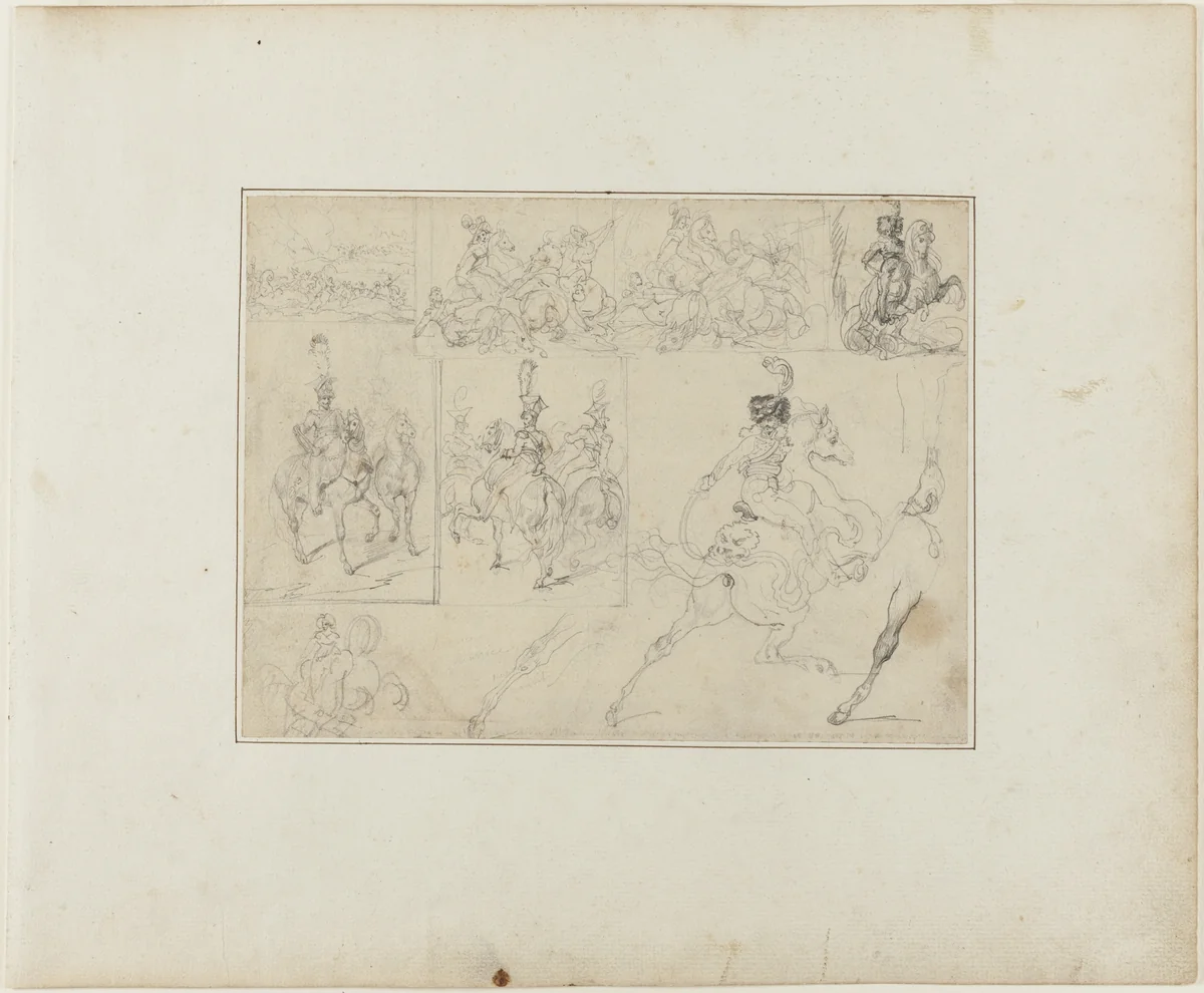 Sheet of Sketches: Cavalry Battles and Mounted Soldiers by Jean Louis André Théodore Géricault, drawing, 1813-1814