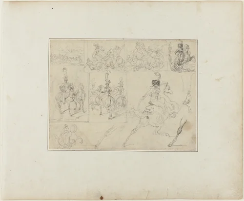 Sheet of Sketches: Cavalry Battles and Mounted Soldiers by Jean Louis André Théodore Géricault, drawing, 1813-1814