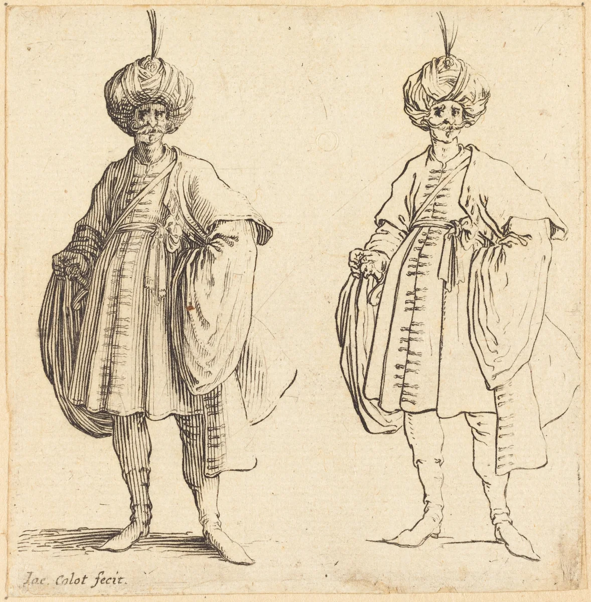 Two Turks Dressed in Turbans with a Plume by Jacques Callot, print, 1592-1635
