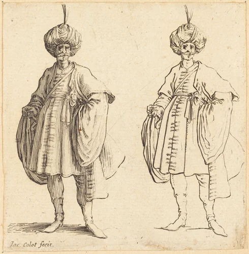 Two Turks Dressed in Turbans with a Plume by Jacques Callot, print, 1592-1635