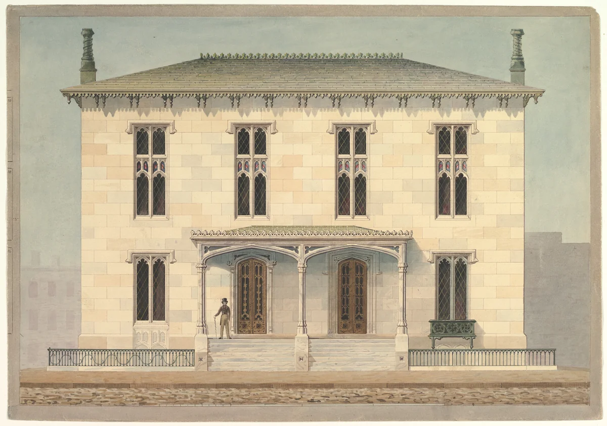 Design for a Double Townhouse (front elevation) by Alexander Jackson Davis, drawing, 1838-1848