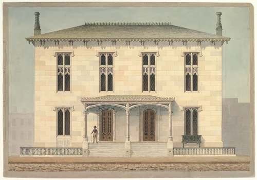 Design for a Double Townhouse (front elevation) by Alexander Jackson Davis, drawing, 1838-1848