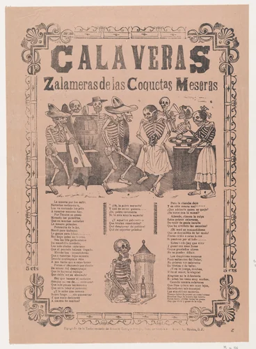 Skeletons (calaveras) dancing and drinking, relating to the coquettish waitress, corrido in bottom section by José Guadalupe Posada, print, 1887-1897