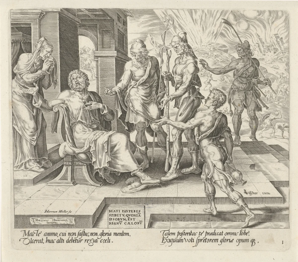 Job hoort het slechte nieuws van vier boodschappers by Unknown, print, 1564-1568