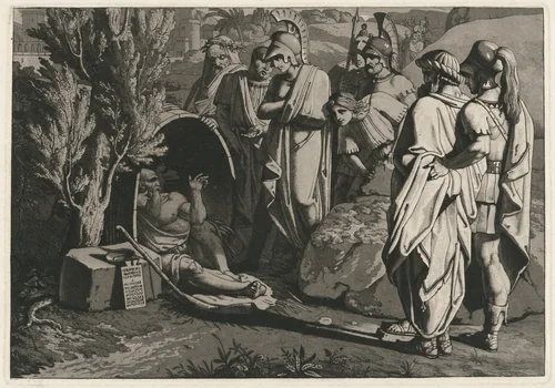 Diogenes in His Tub with Alexander and His Generals by Carl Russ, print, 1810