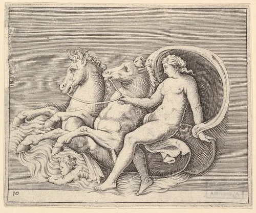 Female Nude with Two Seahorses, from "Ex Antiquis Cameorum et Gemmae Delineata/ Liber Secundus/et ab Enea Vico Parmen Incis" by anonymous, print, 1599-1622