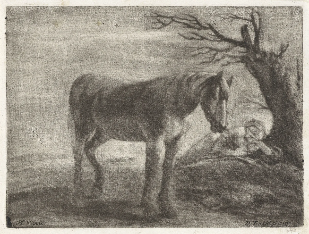Lanschap met een paard en een slapende vrouw by Dirk Koedijck, print, 1730
