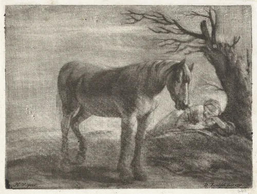 Lanschap met een paard en een slapende vrouw by Dirk Koedijck, print, 1730