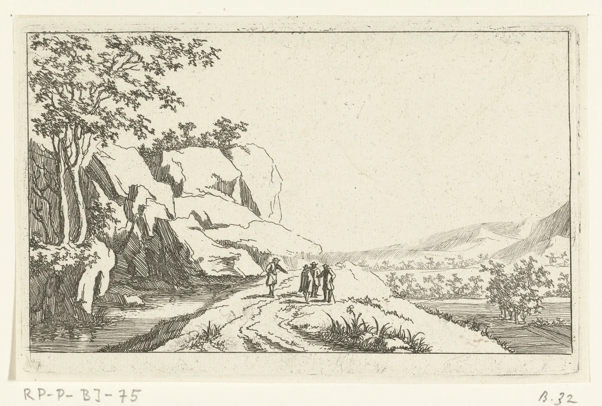 Vier mannen aan de oever van een rivier by Jan van Almeloveen, print, 1662-1683