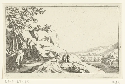 Vier mannen aan de oever van een rivier by Jan van Almeloveen, print, 1662-1683