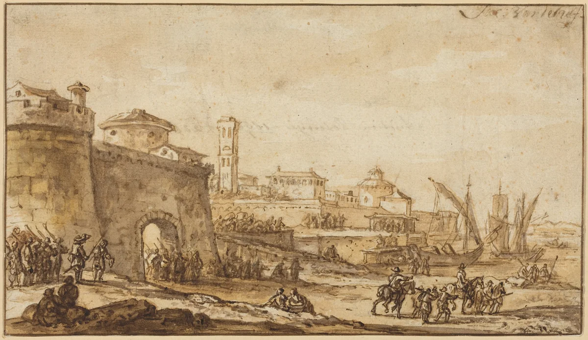 A Coastal Scene with a Fortified Town by Jacob van der Ulft, drawing, 1670