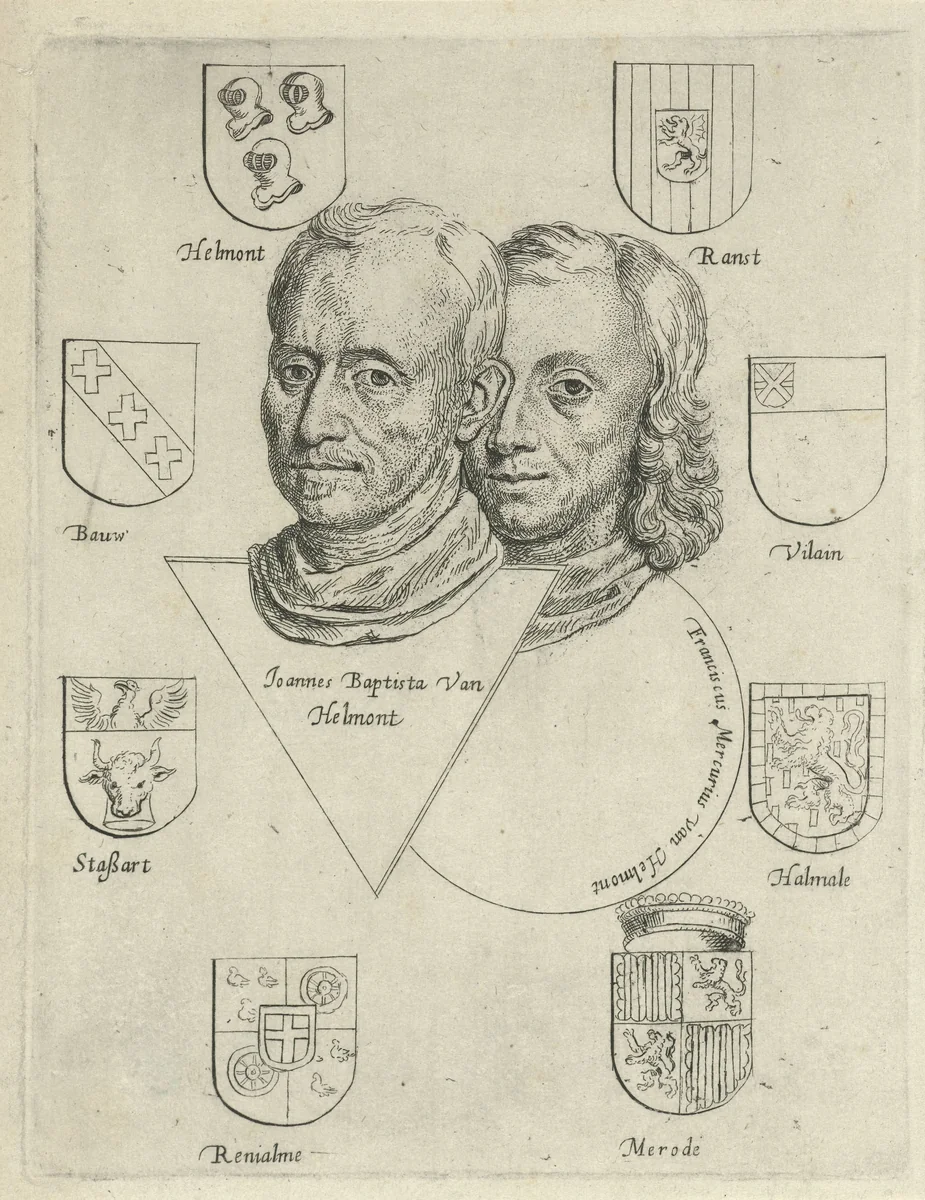 Portretten van Joannes Baptista van Helmont en Franciscus Mercurius van Helmont met acht wapens by Cornelis de Man, print, 1648