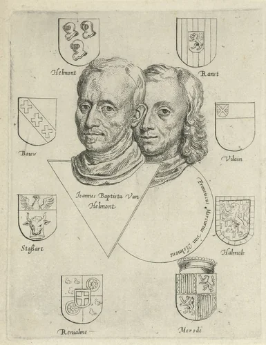 Portretten van Joannes Baptista van Helmont en Franciscus Mercurius van Helmont met acht wapens by Cornelis de Man, print, 1648