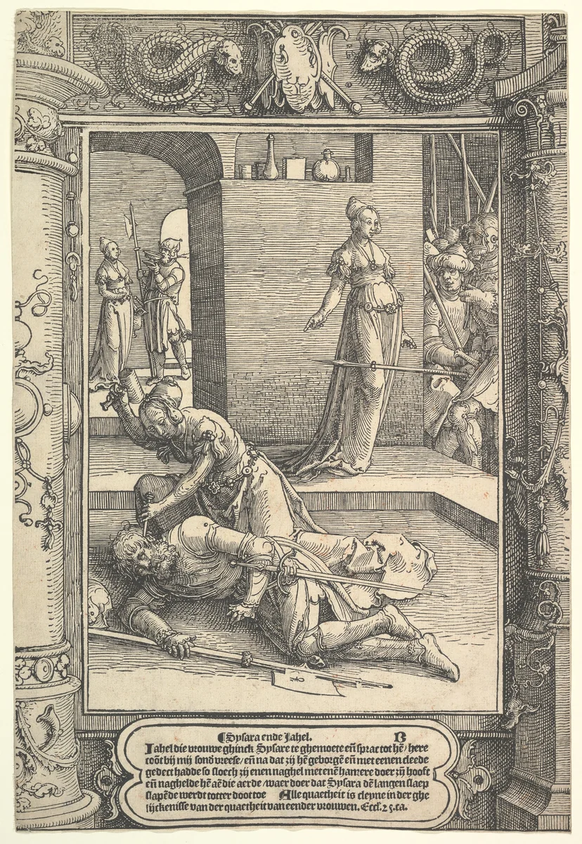 Jael Killing Sisera, ornamental frame by Lucas van Leyden, print, 1512-1522