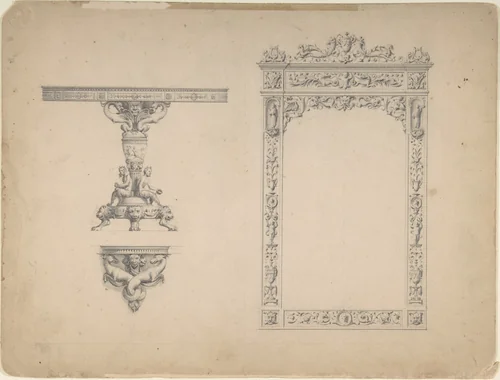 Designs for a Mirror Frame and Table by anonymous, drawing, 1800-1900