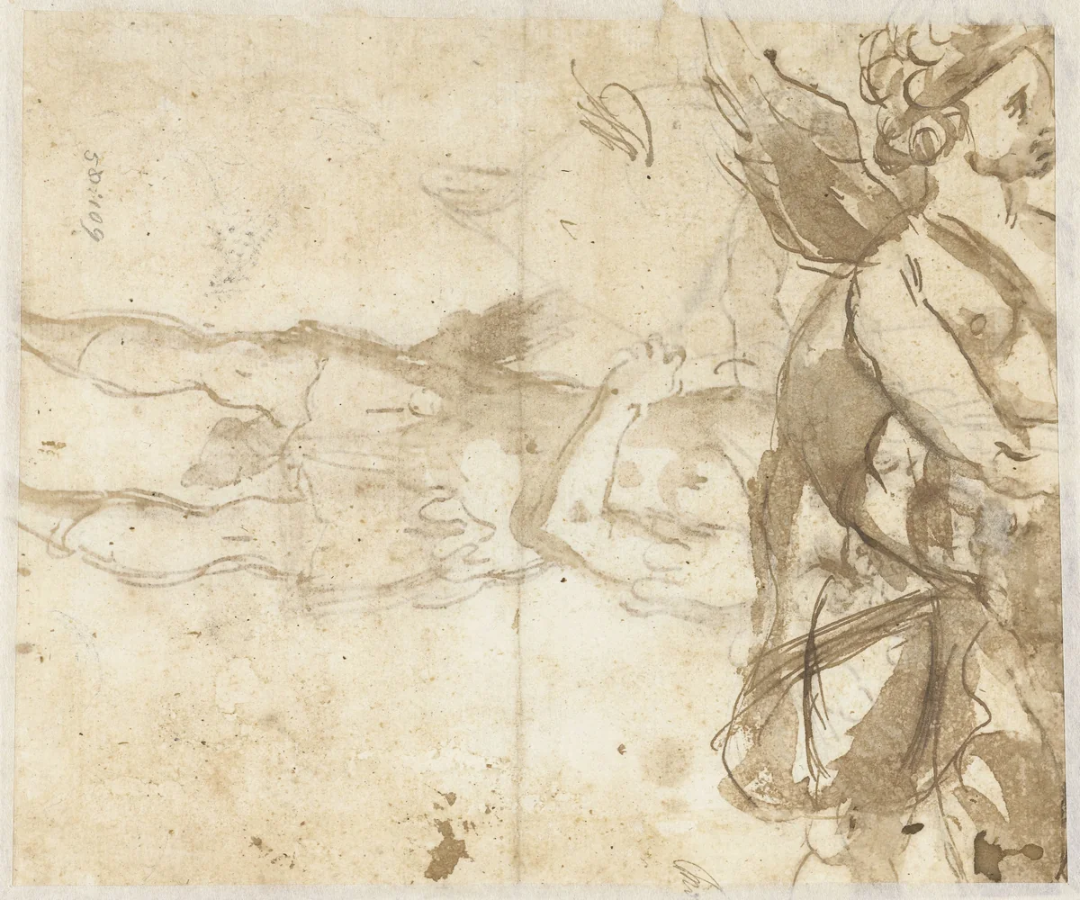 Staande Amor, met boog by Unknown, drawing, 1562-1610
