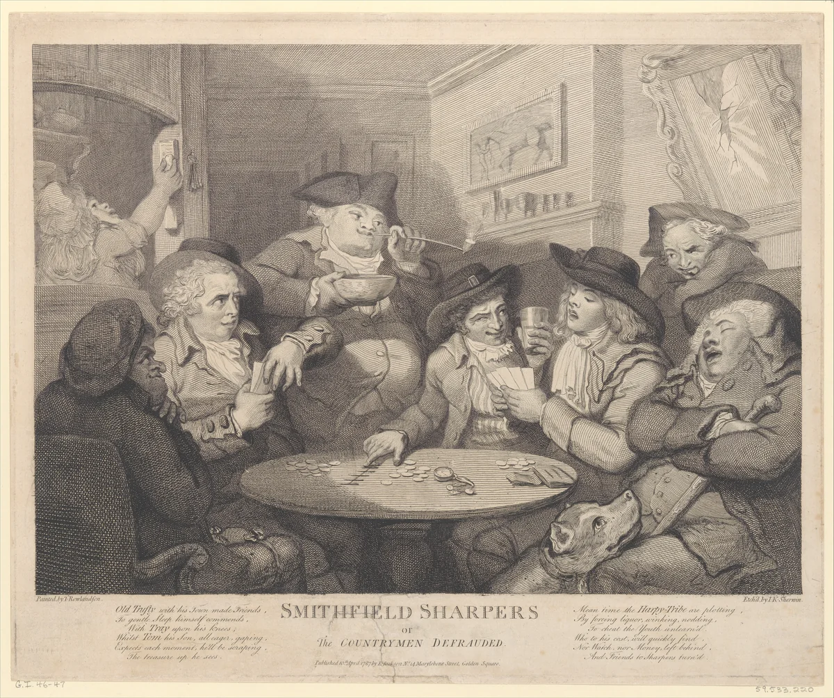 Smithfield Sharpers, or the Countryman Defrauded by John Keyse Sherwin, print, 1787