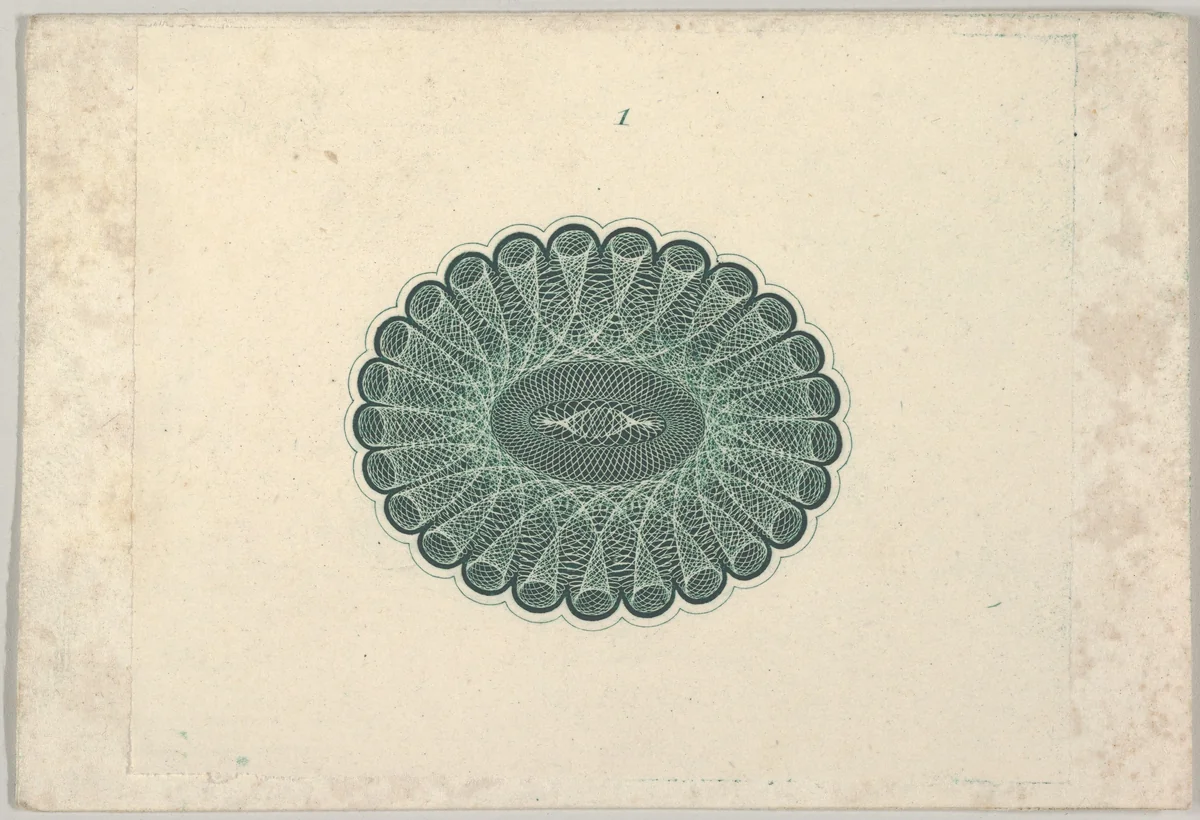 Banknote motif: oval lathe work ornament resembling a lace ruff by Cyrus Durand, print, 1819-1847