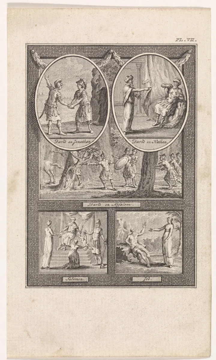 Blad met vijf bijbelse voorstellingen by Theodoor Koning, print, 1794