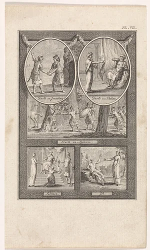 Blad met vijf bijbelse voorstellingen by Theodoor Koning, print, 1794