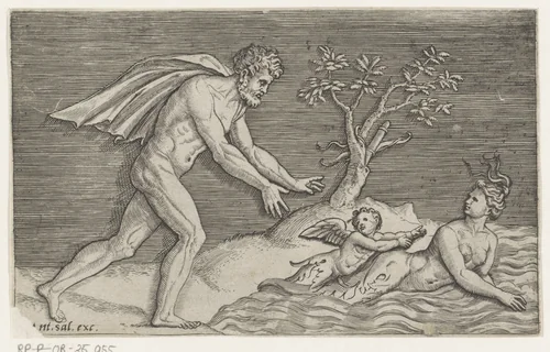 Naakte man achtervolgt een Naiade by Unknown, print, 1517-1562