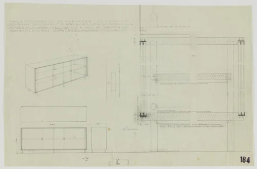 Tugendhat House, Brno, Czech Republic (Perspective, elevations, plan, and sections, living room cabinet) by Ludwig Mies van der Rohe, mies van der rohe archive, 1928