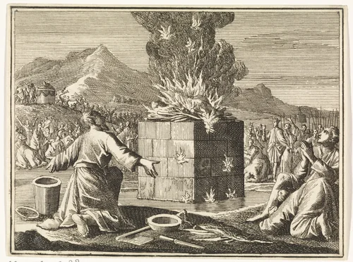 Offer van Elia door vuur verteerd by Caspar Luyken, print, 1712
