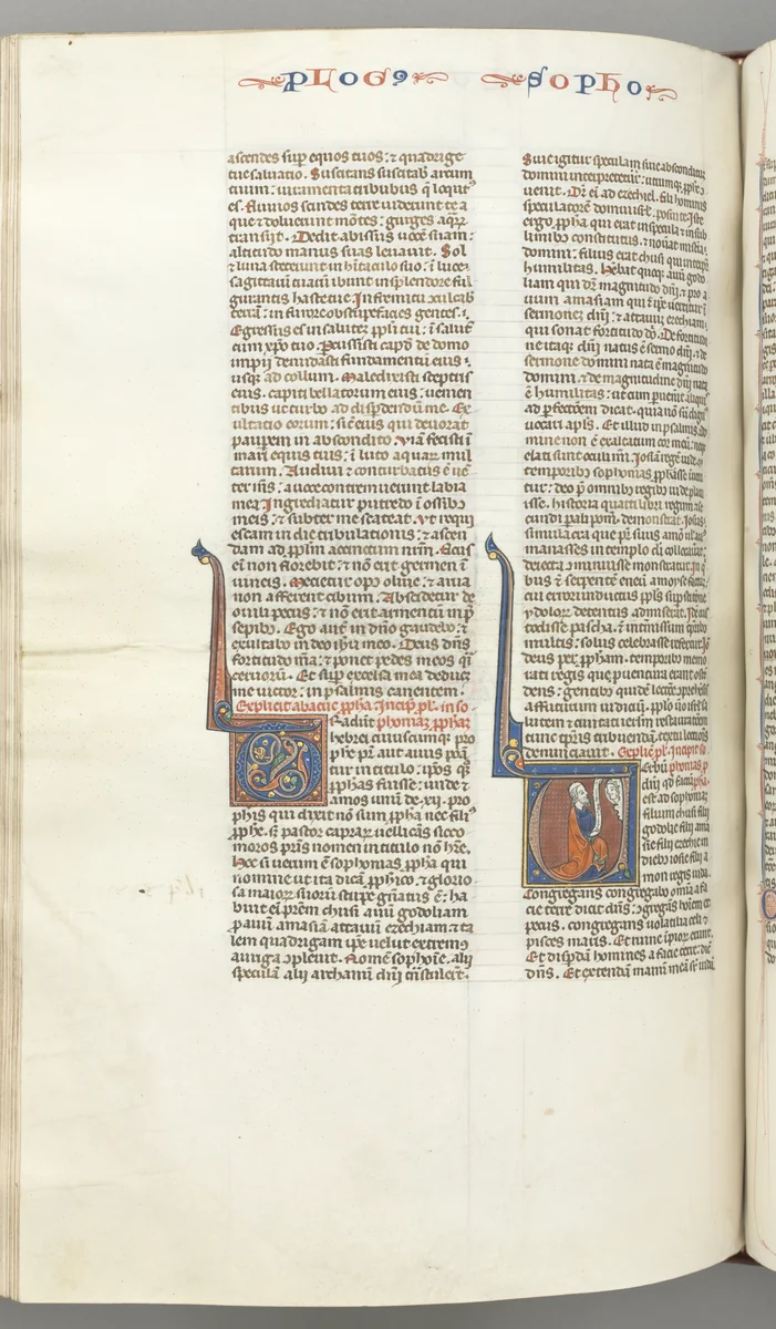 Fol. 362v, Zephaniah, historiated initial V, Zephaniah kneeling with a scroll, bust of God above by Unknown, book, 1270-1300