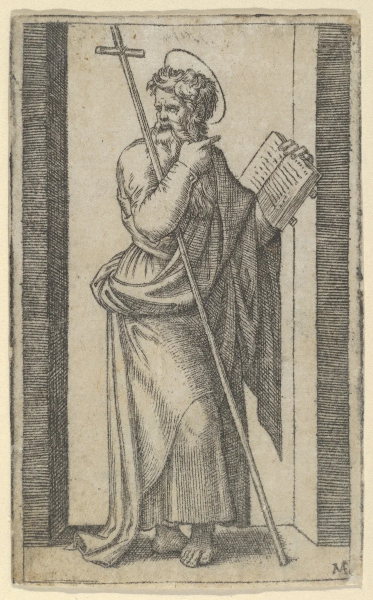 Saint Philip, book in his left hand, staff resting on his left arm, from "Piccoli Santi" (Small Saints) by Marcantonio Raimondi, print, 1495-1532
