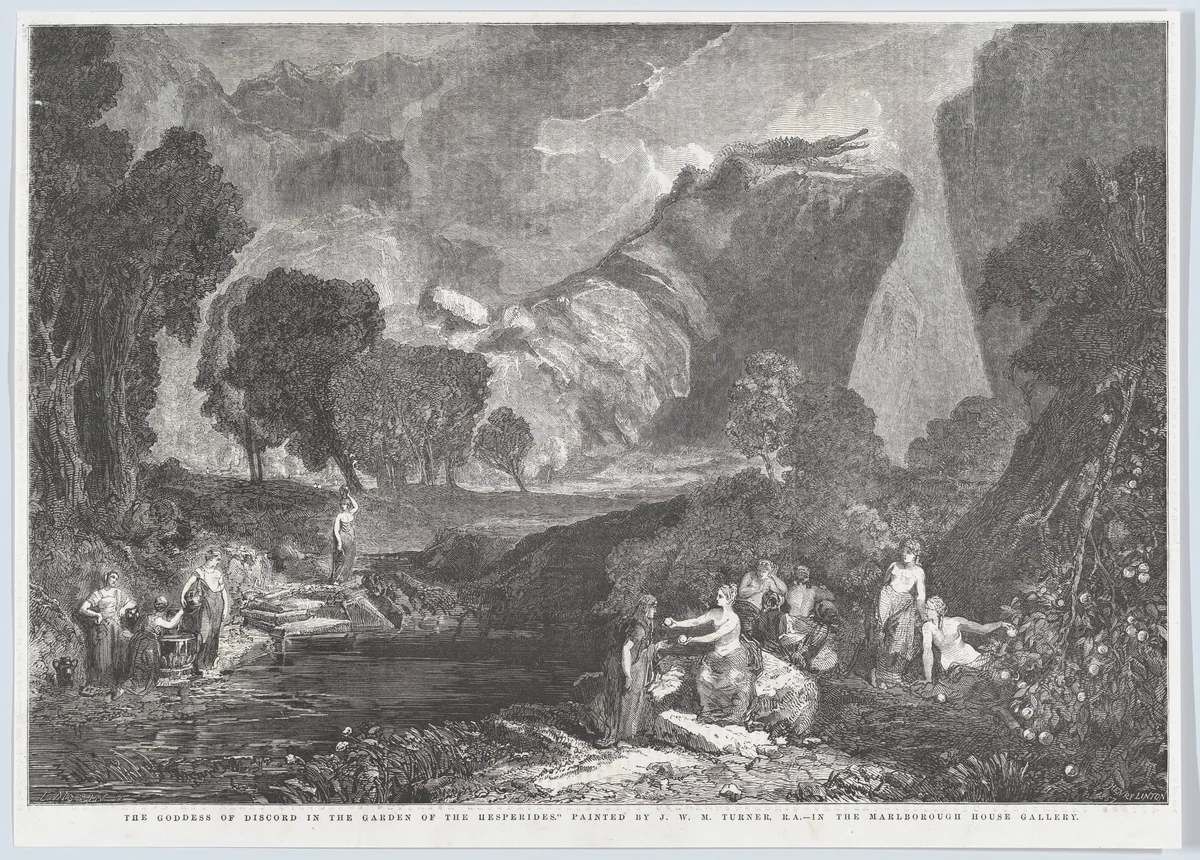 The Goddess of Discord in the Garden of the Hesperides, from "lllustrated London News" by Henry Linton, print, 1857