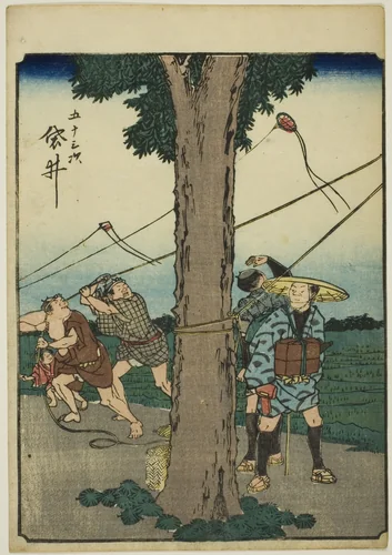 Fukuroi, from the series "Fifty-three Stations [of the Tokaido] (Gojusan tsugi)," also known as the Figure Tokaido (Jinbutsu Tokaido) by Utagawa Hiroshige (歌川広重), print, 1852