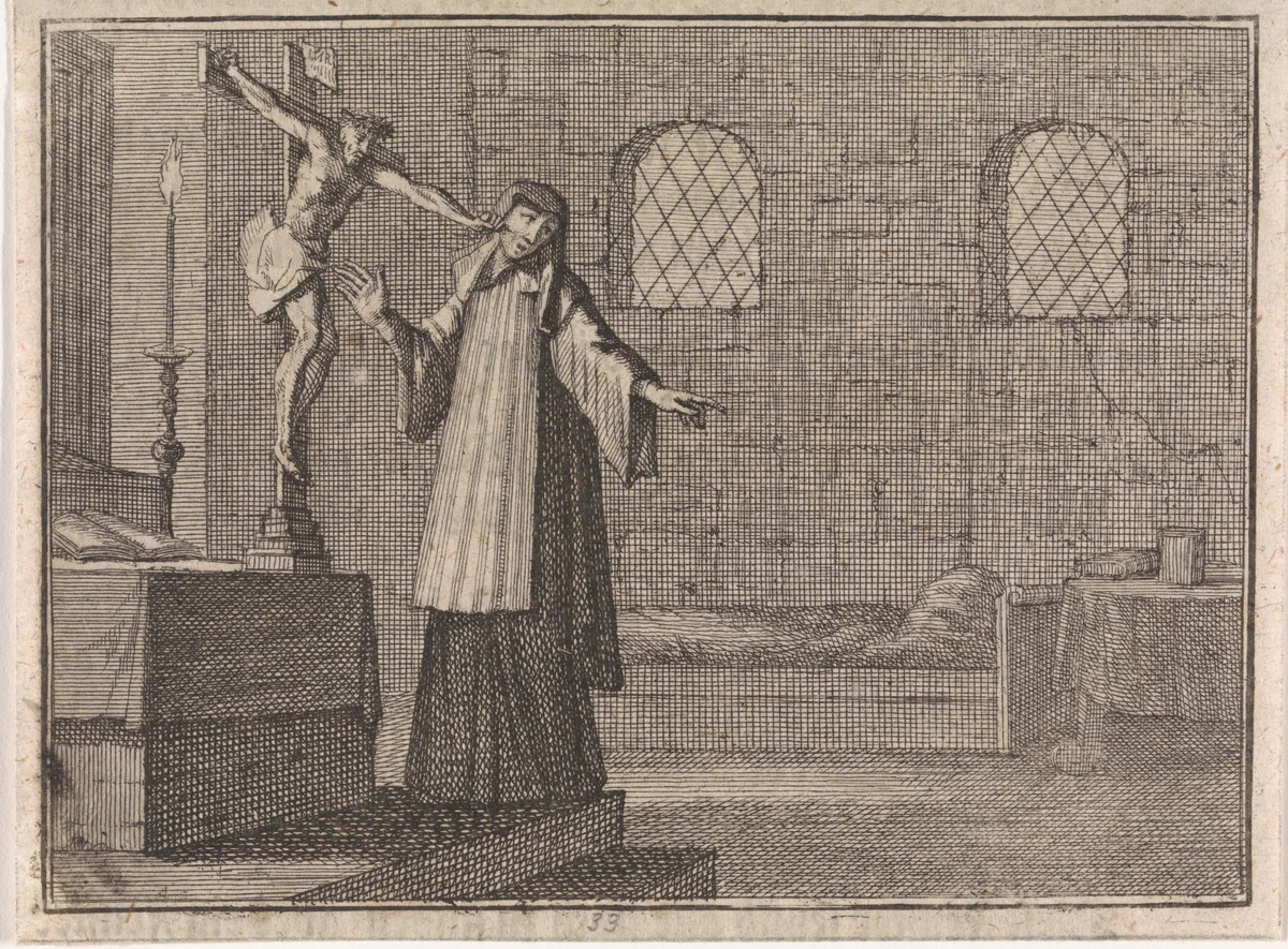 Crucifix steekt een vluchtende non vanaf zijn kruis met een spijker in de wang by Caspar Luyken, print, 1710