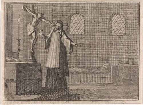 Crucifix steekt een vluchtende non vanaf zijn kruis met een spijker in de wang by Caspar Luyken, print, 1710