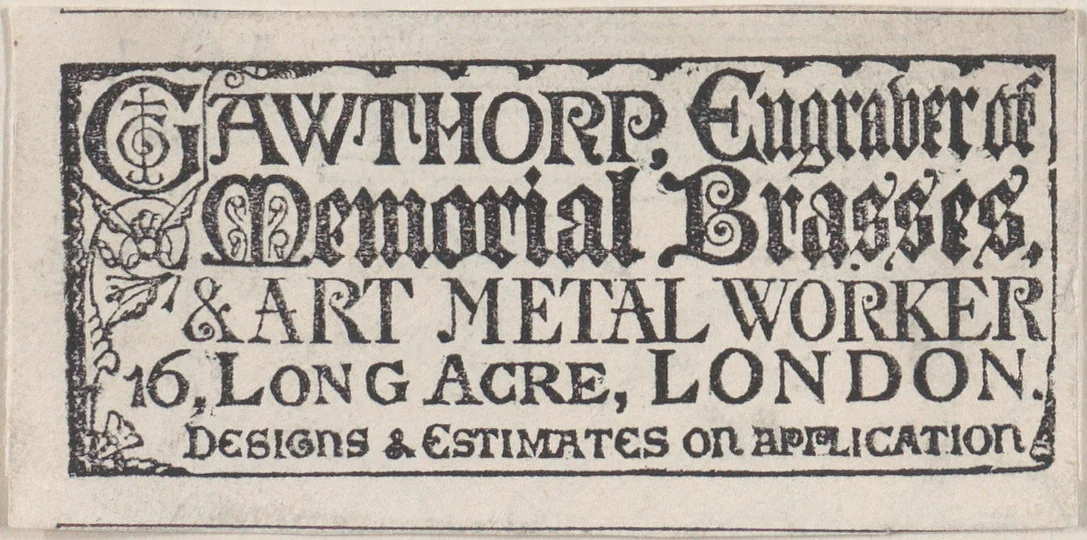 Trade card for Gawthorp, Engraver and Art Metal worker by anonymous, print, 1800-1900