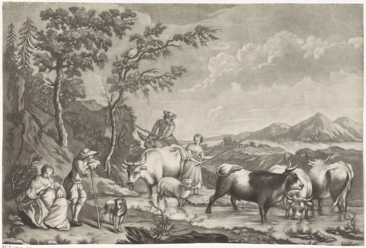 Landschap met herders en vee bij een rivier by anonymous, print, 1650-1800