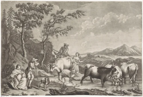 Landschap met herders en vee bij een rivier by anonymous, print, 1650-1800