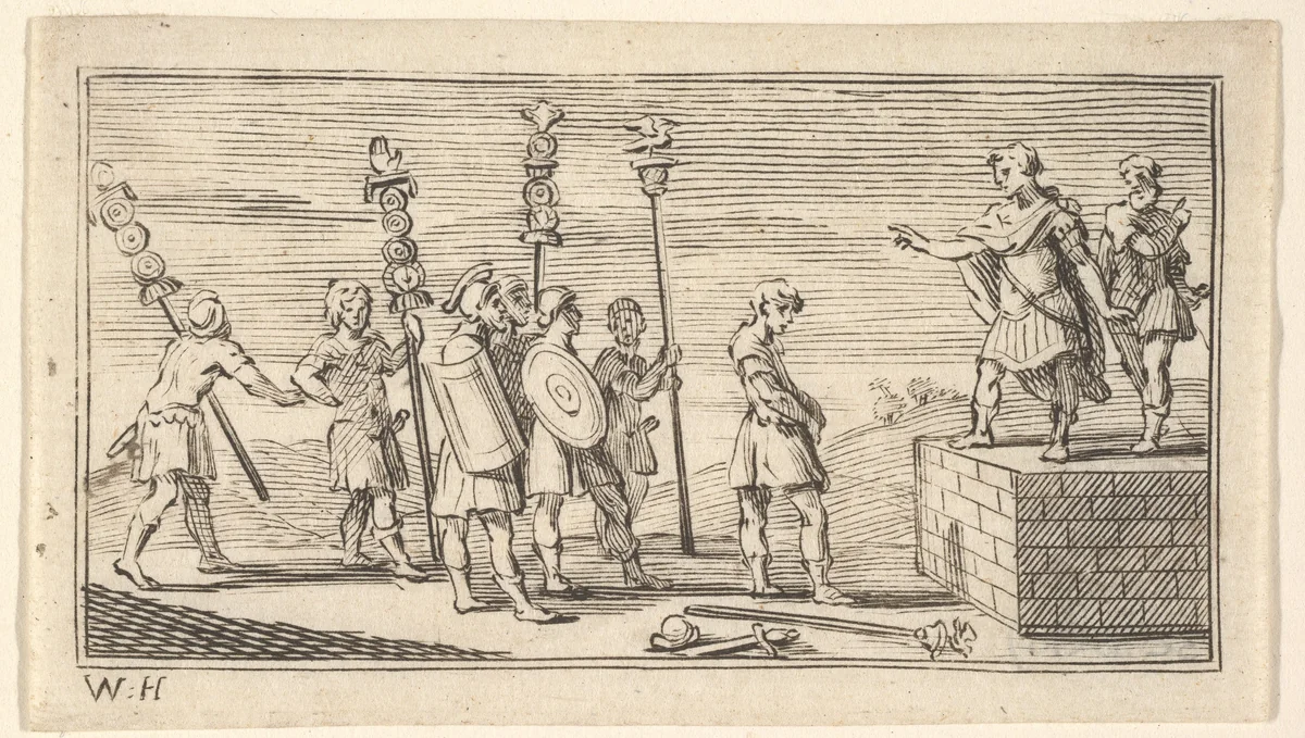Shameful Discharge (John Beaver, Roman Military Punishments, 1725) by William Hogarth, print, 1725-1779