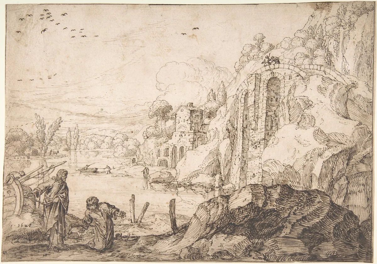 Landscape with the Calling of St. Peter by Jacob Pynas, drawing, 1605-1660