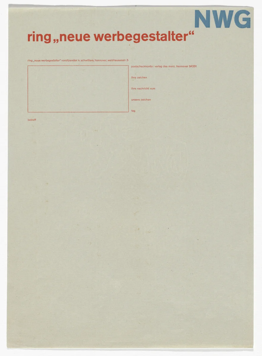 NWG (ring neue Werbegestalter) letterhead by Kurt Schwitters, design, 1929