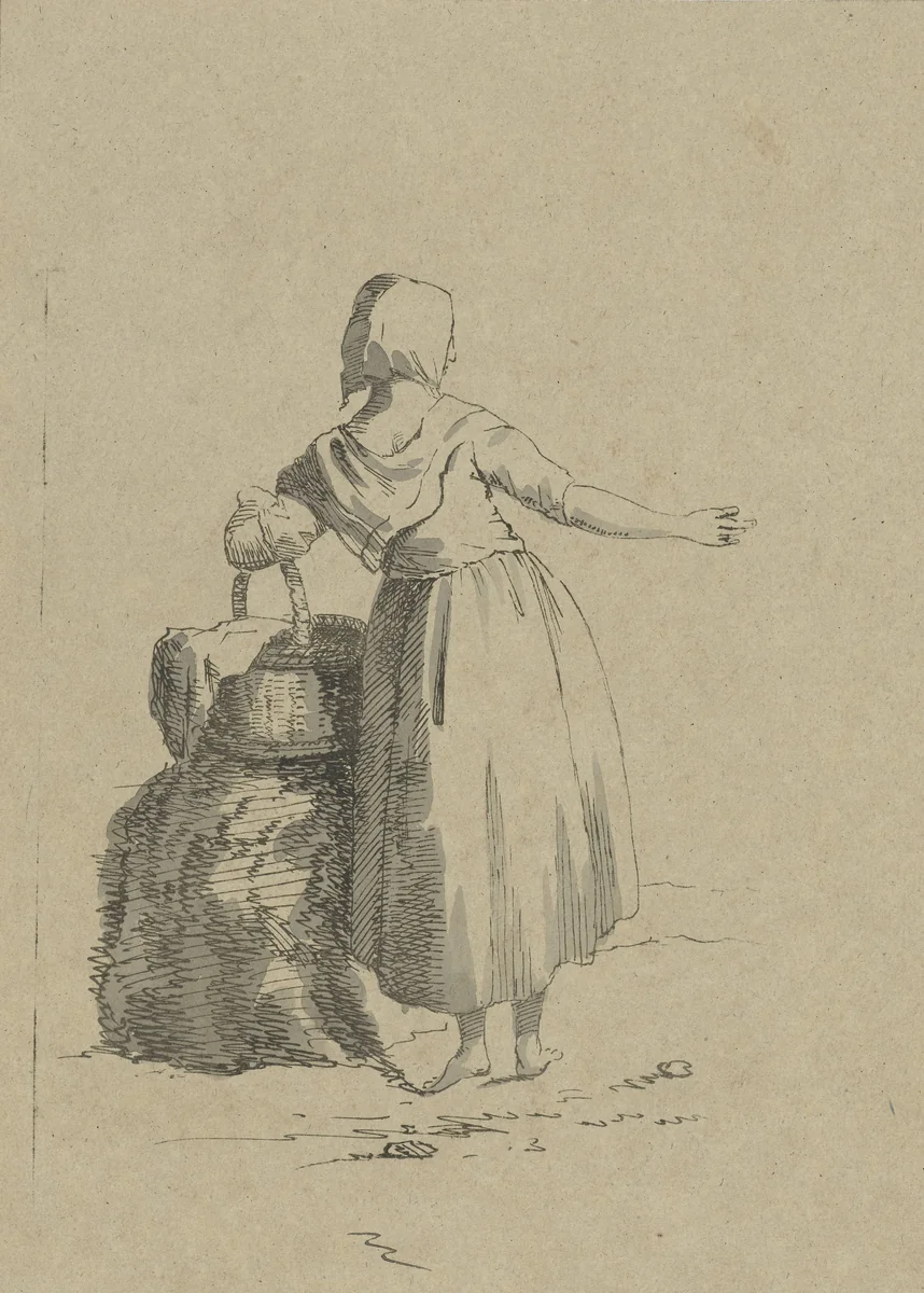 Vrouw met een mand by Jacob van Kouwenhoven, print, 1782-1825
