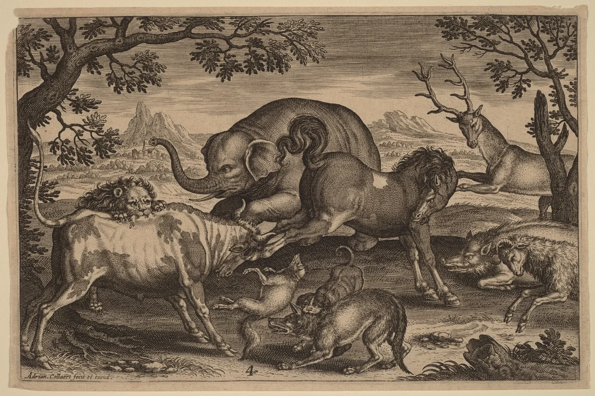 Lion, Bull, Fox, Wolf, Dog, Boar, Goat, Horse, Elephant and Deer by Adriaen Collaert, print, 1592-1602